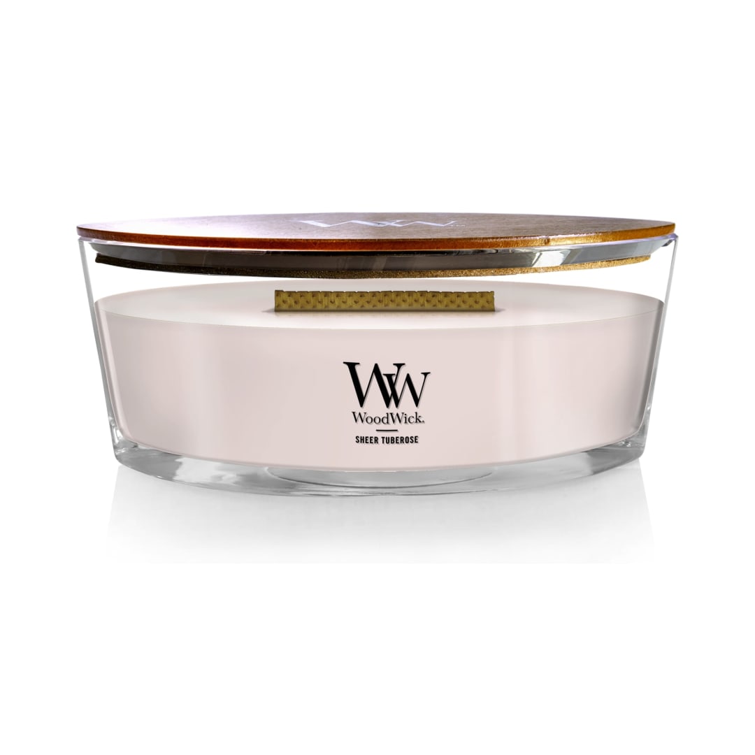 WoodWick® Sheer Tuberose Scented Ellipse Candle, Crackles as it Burns, Up to 50 hrs burn time, Great for Gifting, 16oz