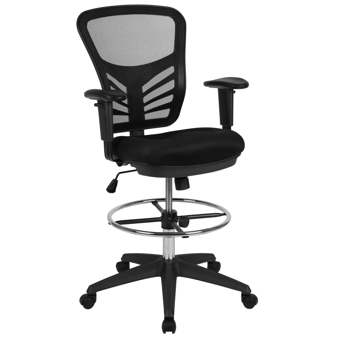 Tyler Mid-Back Black Mesh Ergonomic Drafting Chair with Adjustable Chrome Foot Ring, Adjustable Arms and Black Frame