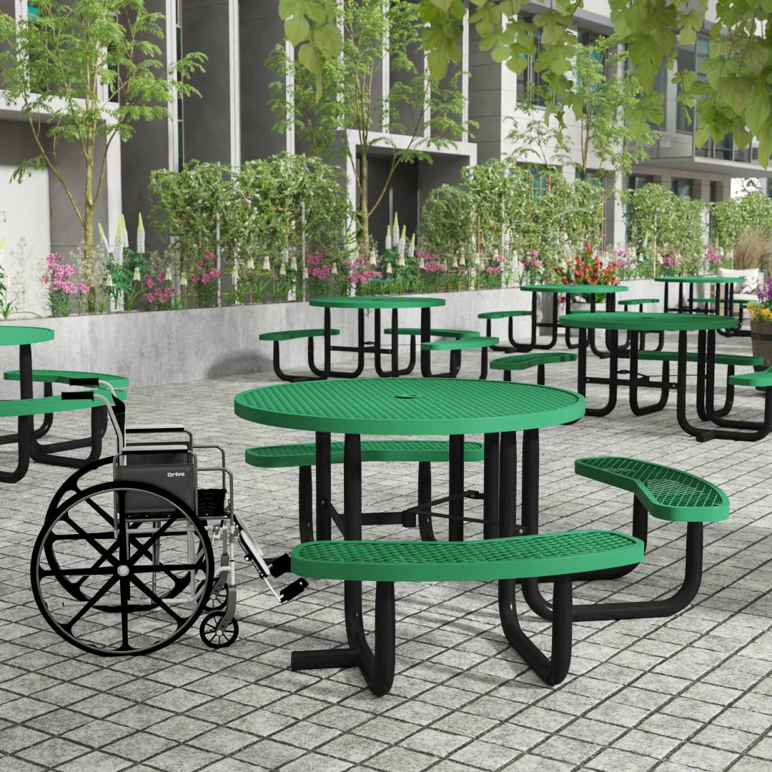 Creekside 46" Round Wheelchair Accessible Commercial Outdoor Picnic Table with Heavy Gauge Expanded Metal Mesh Seats and Top with Umbrella Hole, Green