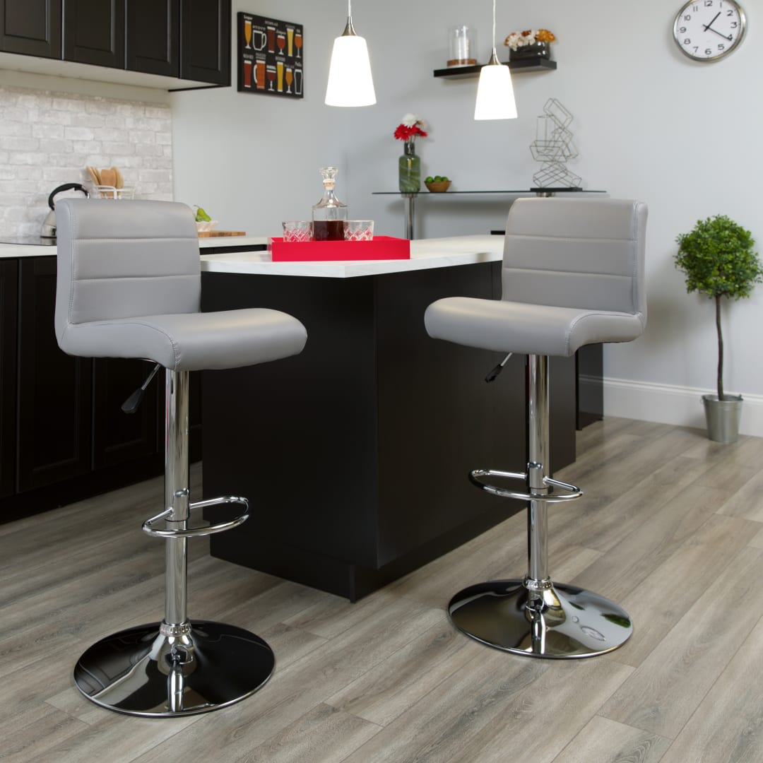 Scott Contemporary Gray Vinyl Adjustable Height Barstool with Rolled Seat and Chrome Base