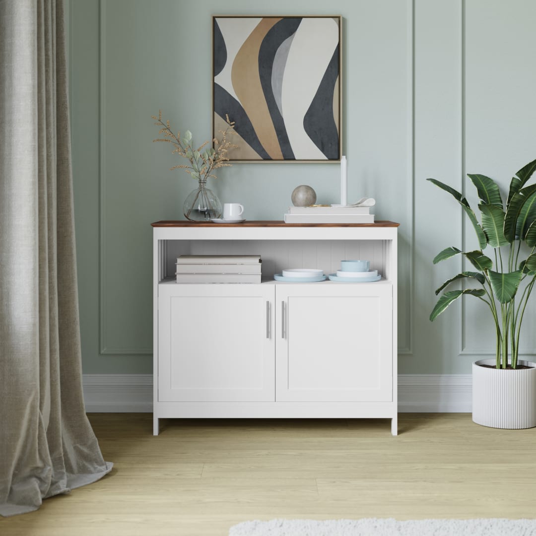 Mayfield 40" Classic Buffet and Sideboard with Double Door Storage Cabinet and Open Storage Shelf in White with Walnut Finish Top