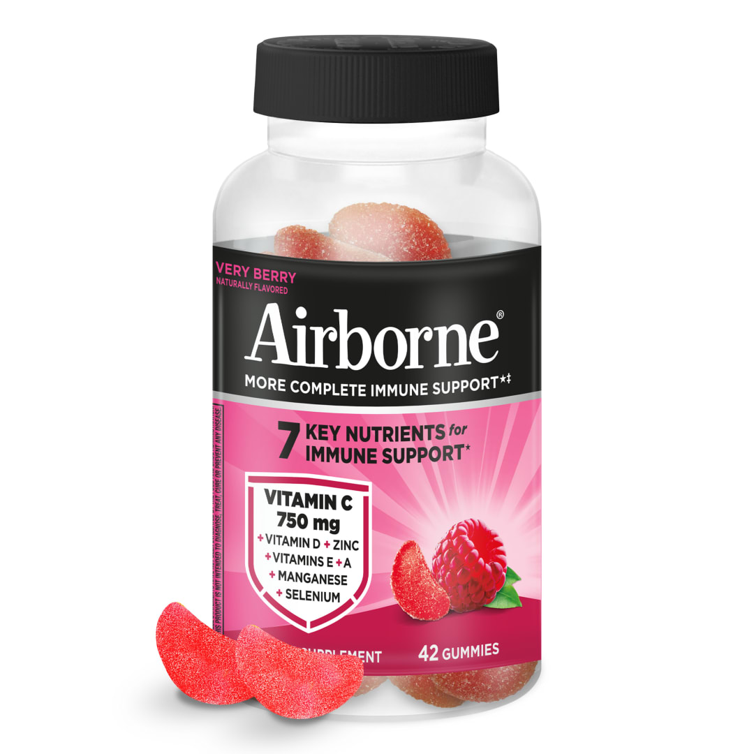 Airborne Immun-Support Gummis, Geschmack Very Berry, 42 Stück – 750 mg Vitamin C + Vitamine A, D & E + Zink, Selen und Mangan | Mit Kräutermischung | Natürlich aromatisiert