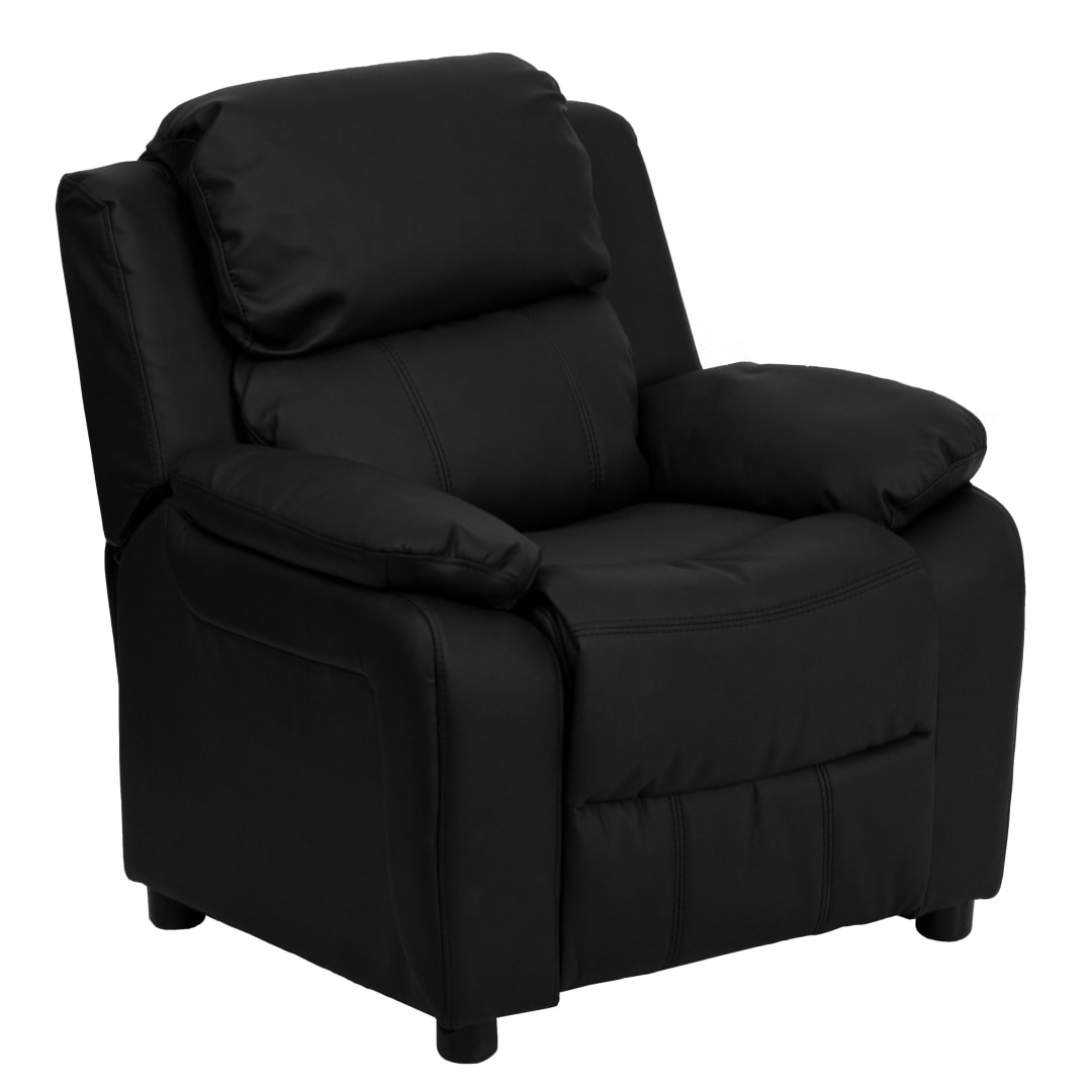 Charlie Deluxe Padded Contemporary Black LeatherSoft Kids Recliner with Storage Arms