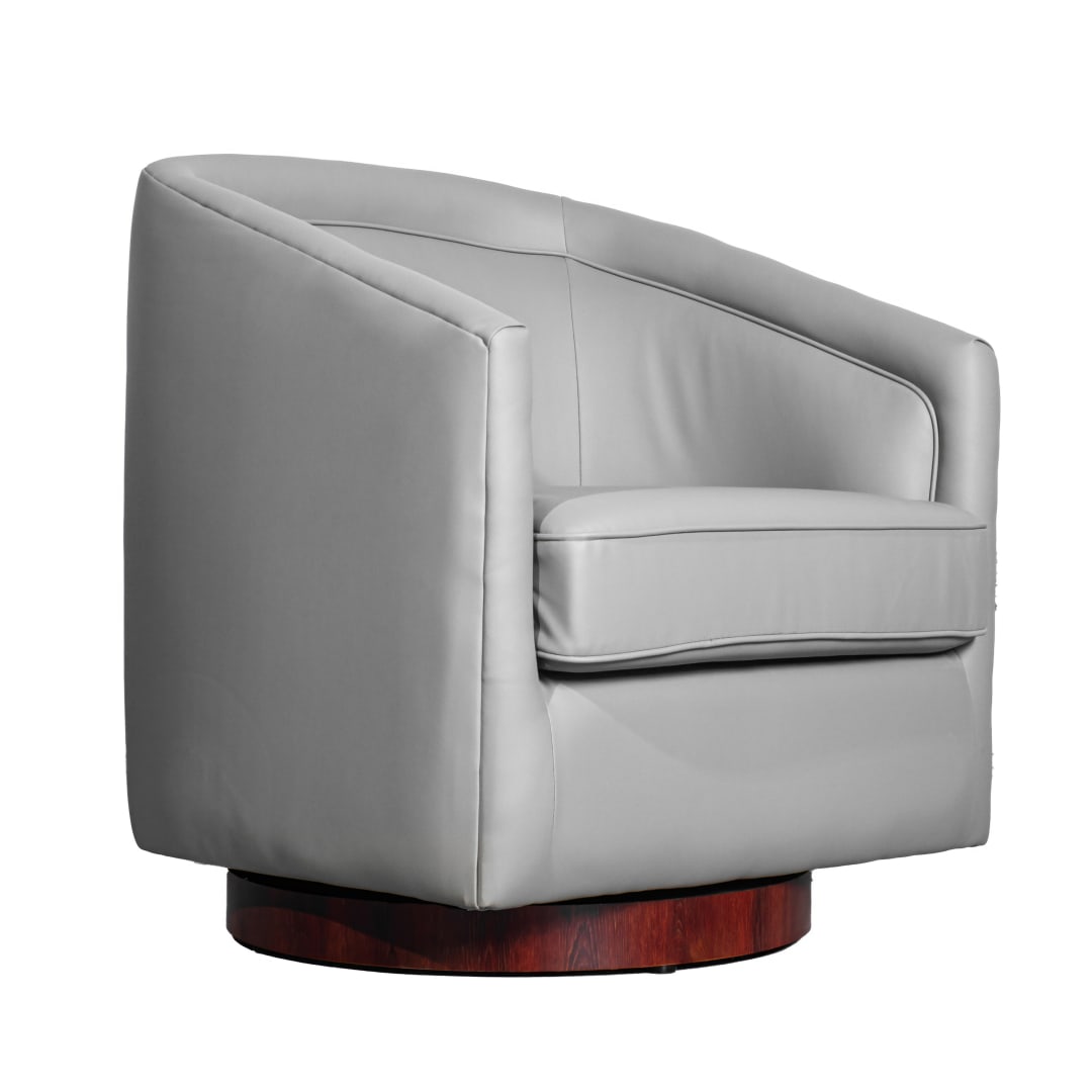 Dean Club Style Commercial Barrel Accent Armchair with 360 Degree Swivel Metal Base and Sloped Armrests in Gray LeatherSoft Upholstery