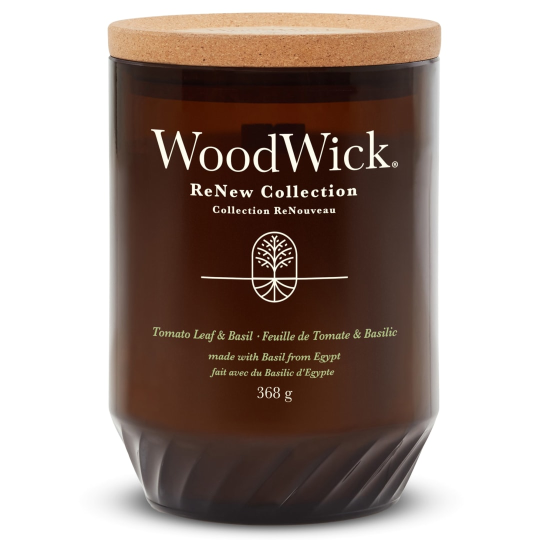 WoodWick ReNew Scented Candle with Crackling Wick | Tomato Leaf & Basil Large Candle | Plant Based Soy Coconut Wax Blend | Made with Recycled Materials | Perfect Gifts for Women
