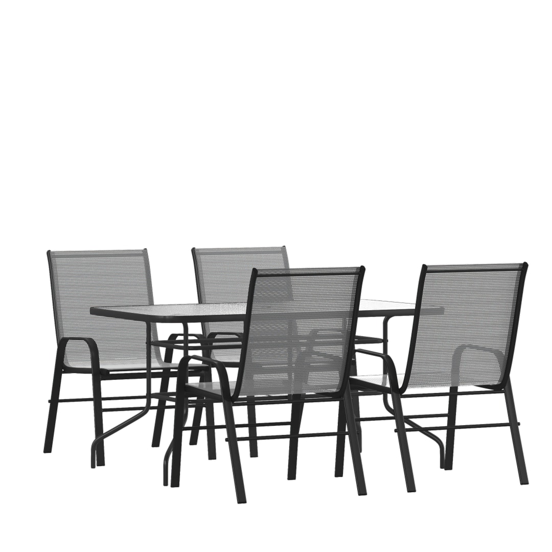 Brazos 5 Piece Outdoor Patio Dining Set - 55" Tempered Glass Patio Table with Umbrella Hole, 4 Gray Flex Comfort Stack Chairs