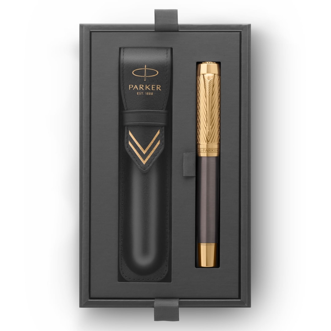 Duofold Pioneers Collection Fountain Pen, Grey Lacquer with Gold Cap & Trims, Fine, Solid Gold Nib, Black Ink and Convertor