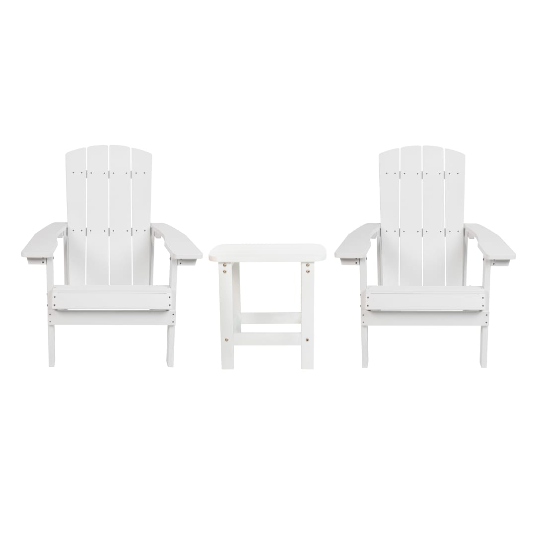 2 Pack Charlestown Commercial All-Weather Poly Resin Wood Adirondack Chairs with Side Table in White