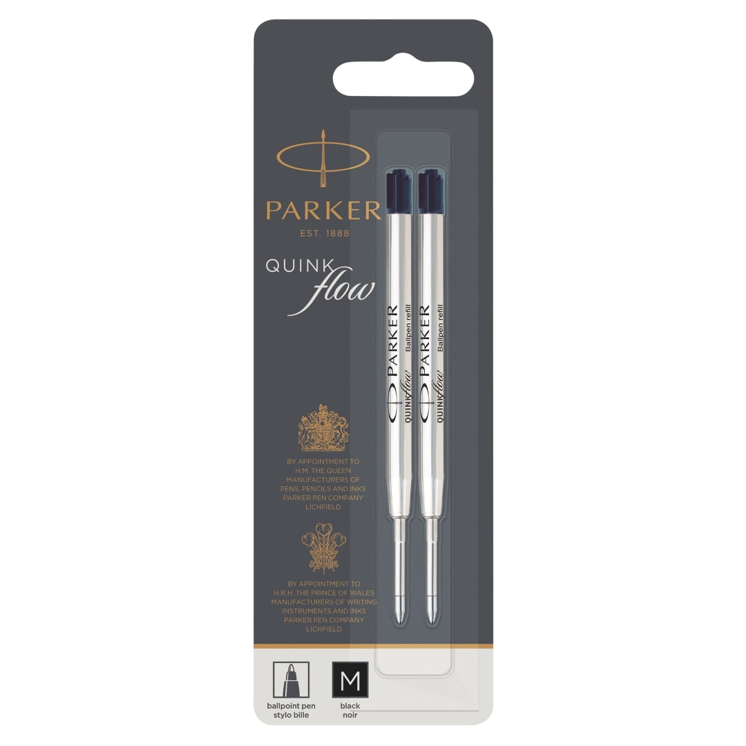 Parker Recambios para bolígrafos | Punta mediana | Tinta negra QUINKflow | 2 unidades