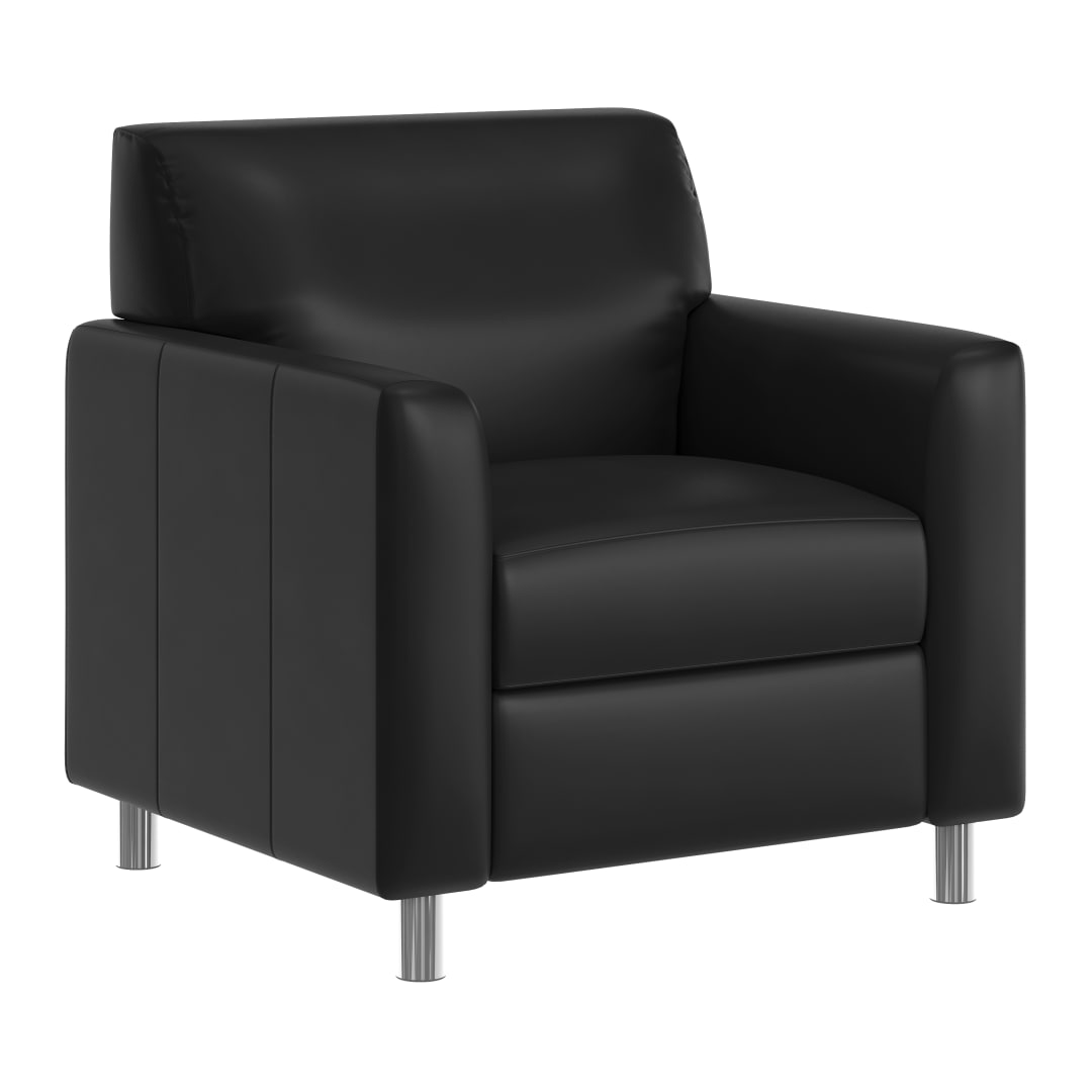 Agent Black LeatherSoft Reception Chair with Right Side Charging Bank, Includes 2 Outlets, 2USB Ports, 1 USB-C Port, Chrome Legs