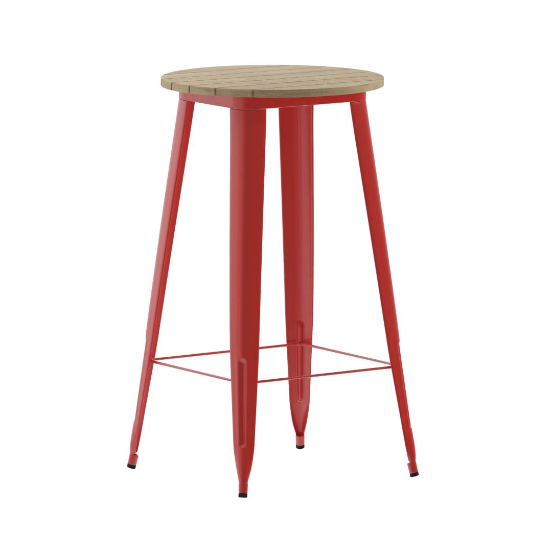 Declan Commercial Indoor/Outdoor Bar Top Table, 23.75" Round All Weather Brown Poly Resin Top with Red Steel base
