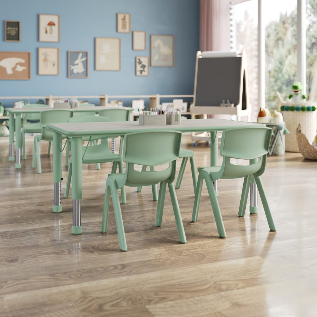 Emmy 5-Piece Kids Height Adjustable Activity Table Set, 47.25" x 23.5" Light Gray Woodgrain Laminate Top, Sage Frame, 4 Sage Chairs