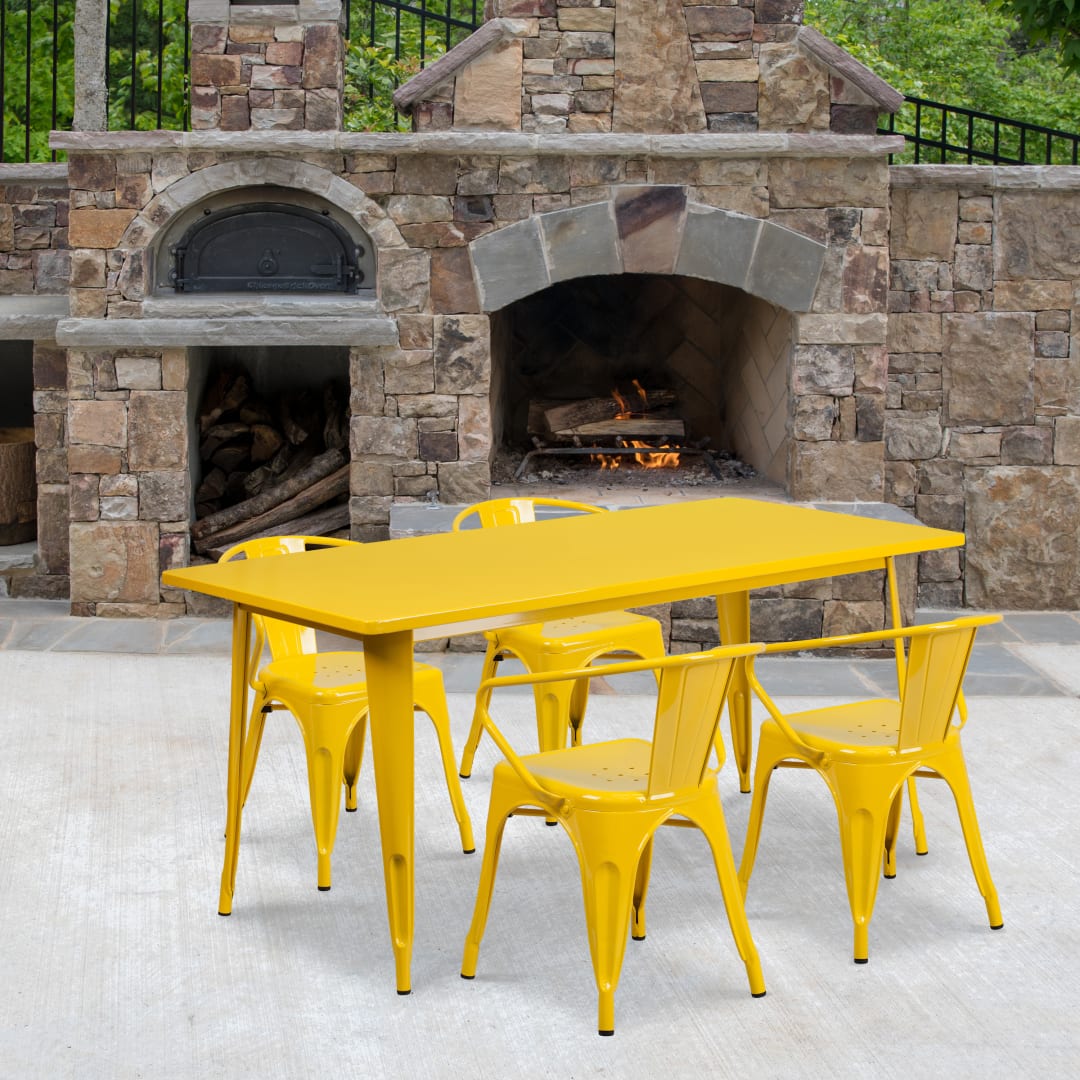 Fisher Commercial Grade 31.5" x 63" Rectangular Yellow Metal Indoor-Outdoor Table Set with 4 Arm Chairs