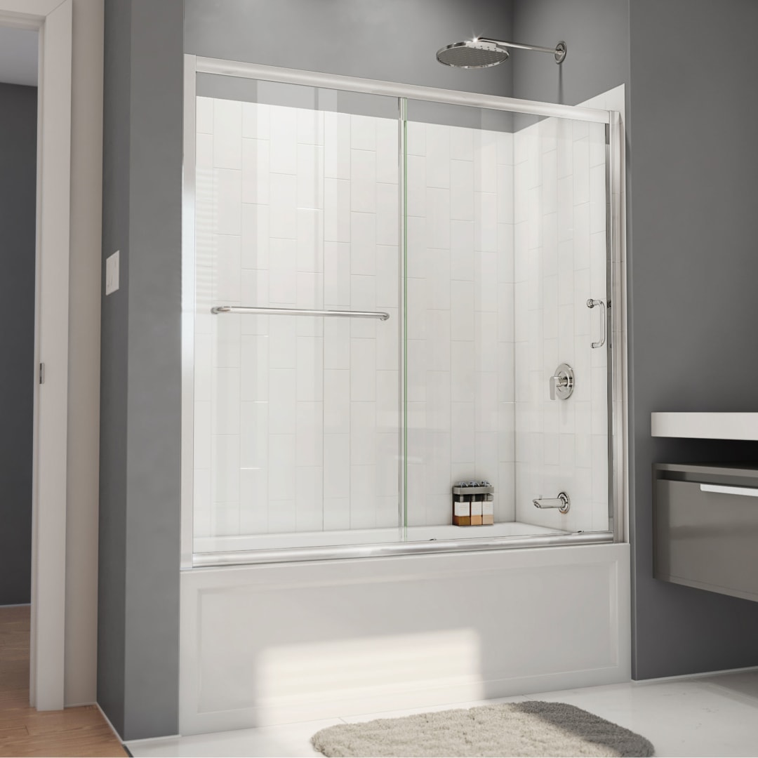 DreamLine Infinity-Z 56 - 60 inch W x 60 inch H Semi-Frameless Sliding Tub Door in Chrome with White Wall Kit