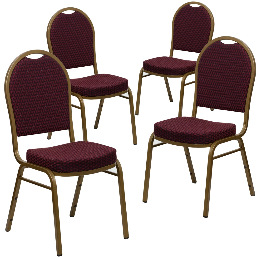 4 Pack HERCULES Series Dome Back Stacking Banquet Chair in Burgundy Patterned Fabric - Gold Frame