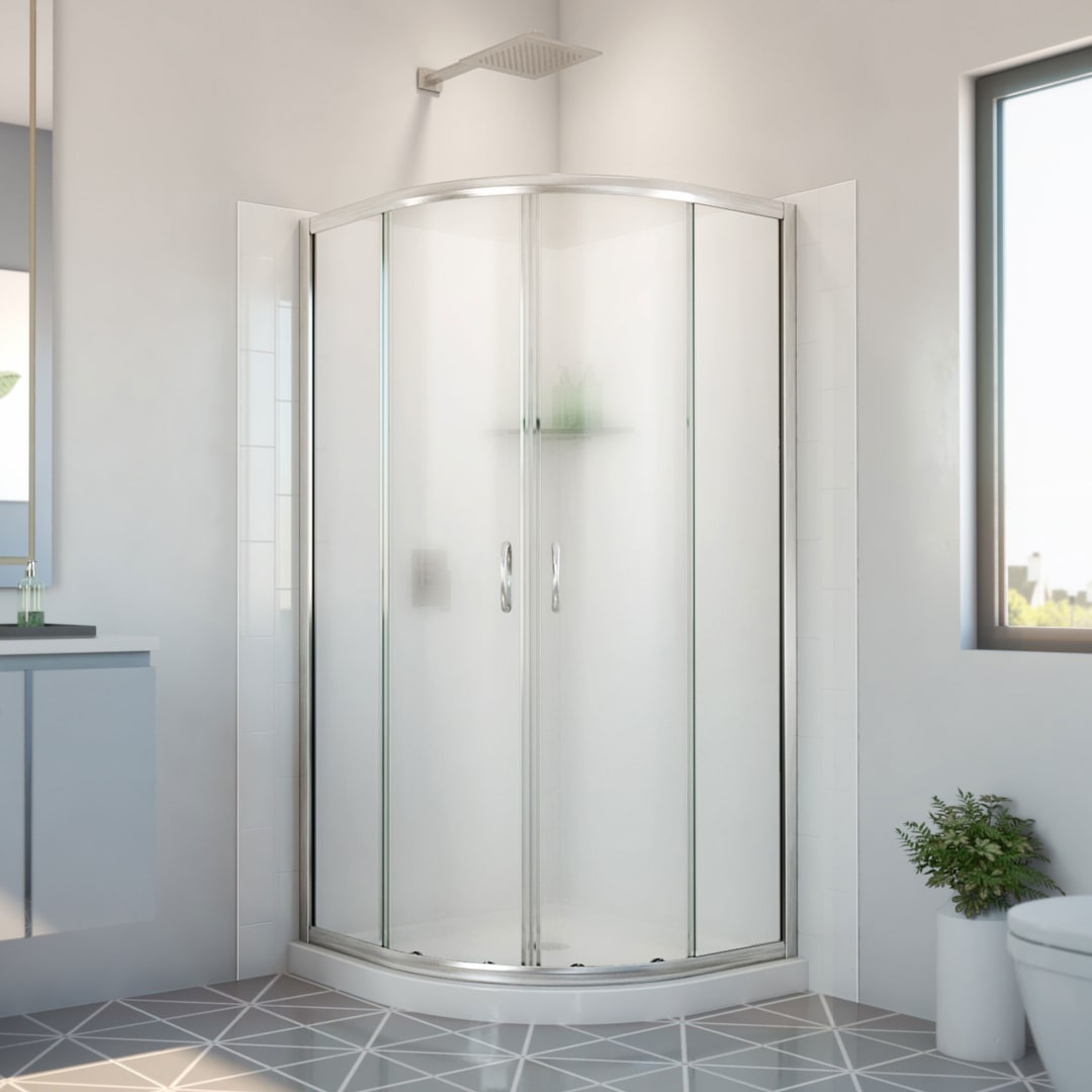 DreamLine Prime 33 inch x 33 inch x 78 3/4 inch H Semi-Frameless Sliding Shower Enclosure in Brushed Nickel and Frosted Glass, Shower Base, and Wall Kit in White