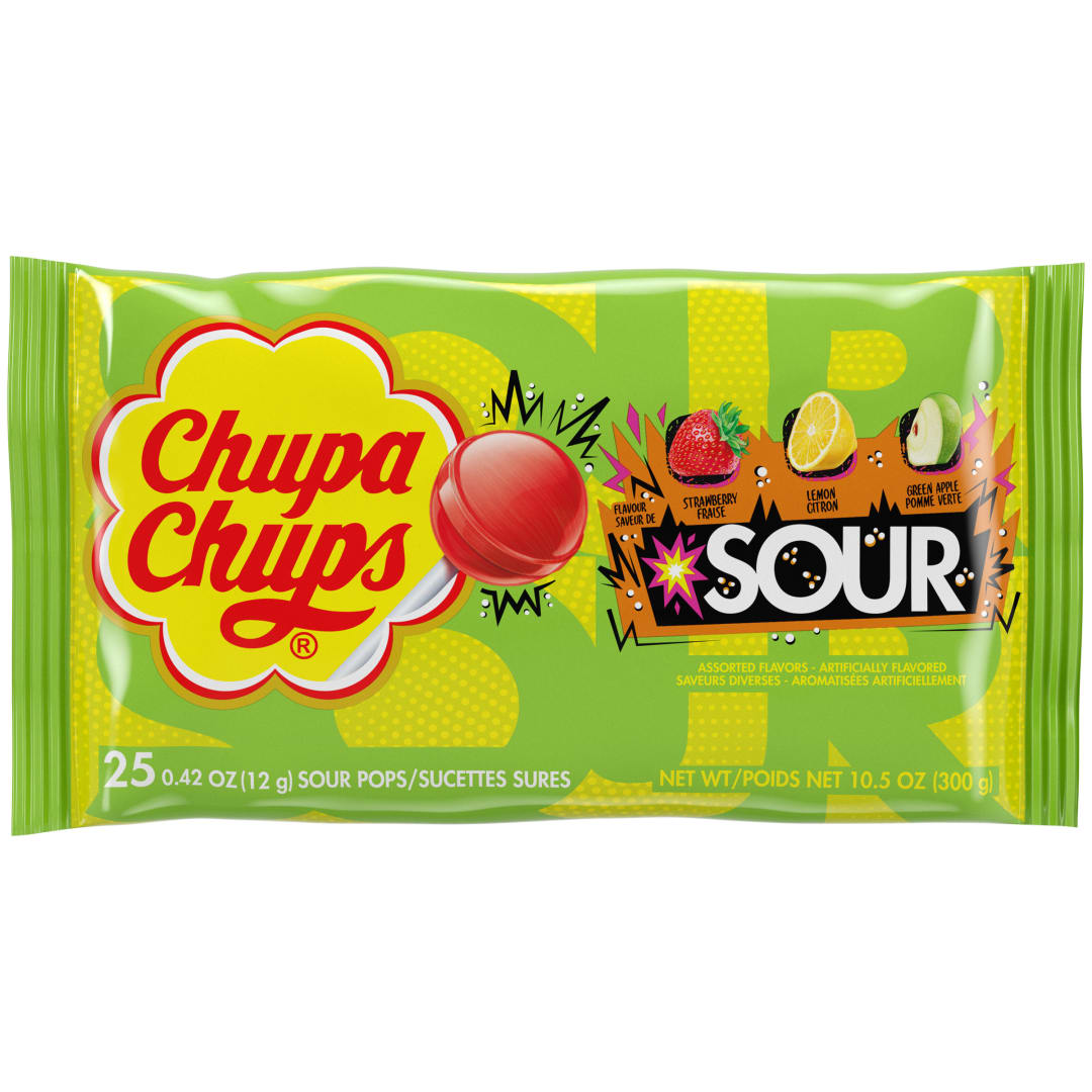 Chupa Chups Sour Lollipops Assorted Flavors 25 pc Laydown Bag