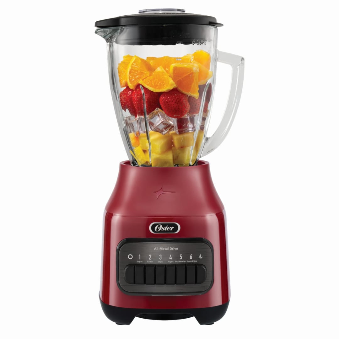 Oster® Licuadora, 6 Velocidades más Pulso, con Vaso de Vidrio, 1.5 Lt, 800 W, Rojo, BLSTPEGRPB