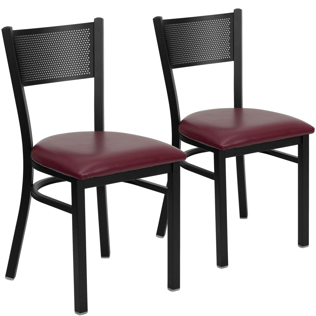 2 Pk. HERCULES Series Black Grid Back Metal Restaurant Chair - Burgundy Vinyl Seat