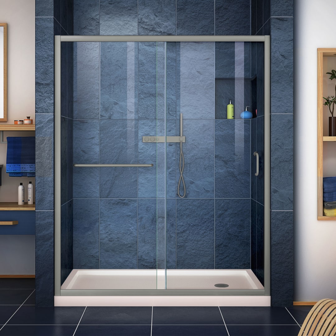 DreamLine Infinity-Z 34 inch D x 60 inch W x 74 3/4 inch H Semi-Frameless Sliding Clear Shower Door in Brushed Nickel with Right Drain Biscuit Shower Base Kit