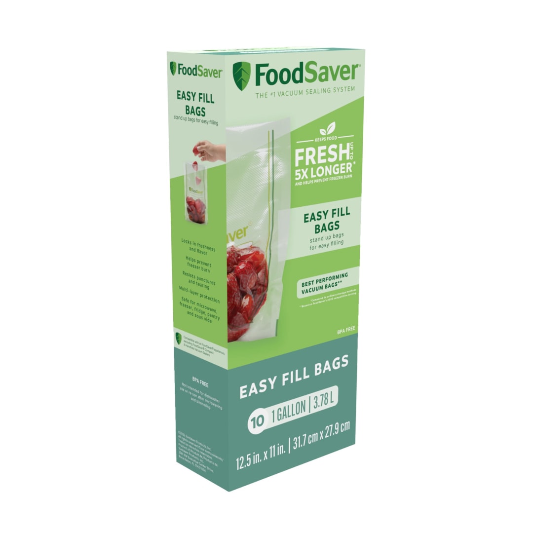 FoodSaver Easy Fill 1-Gallon Vacuum Sealer Bags, 10 Count BPA-Free Bags with Free-Standing Design for Meal Prep, Sous Vide, and Food Storage