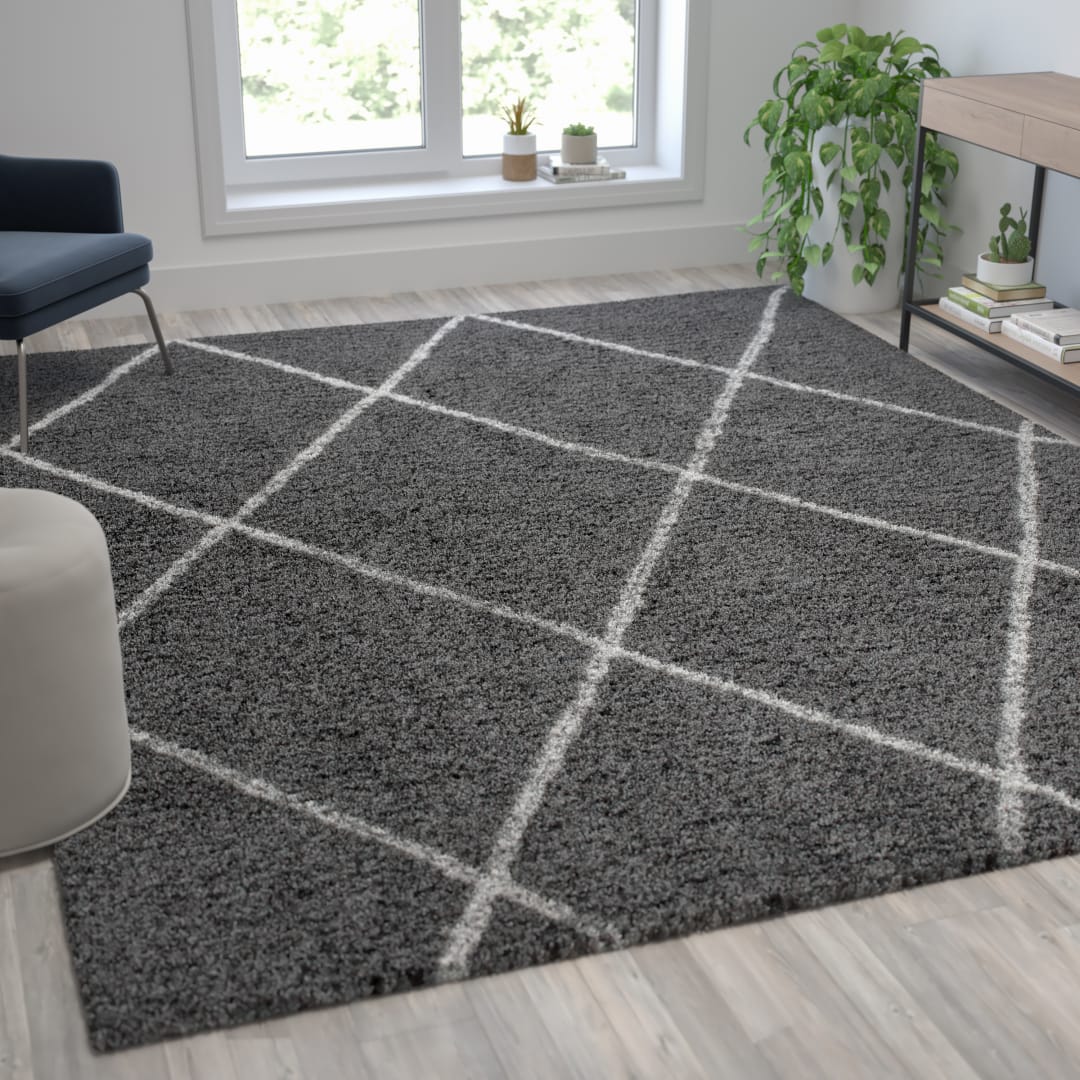Roxy Shag Style Diamond Trellis Area Rug - 8' x 10' - Charcoal/Ivory Polyester (PET)