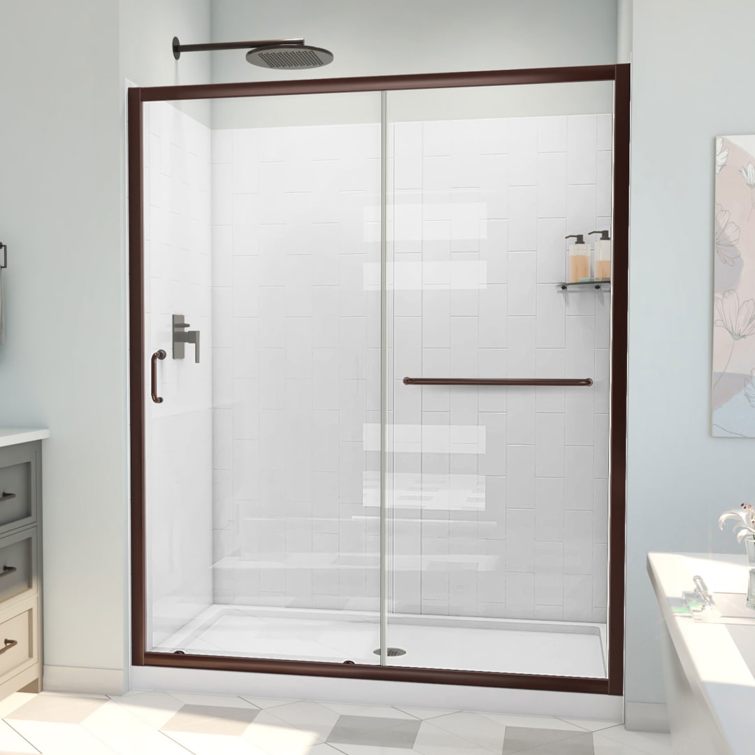 DreamLine Infinity-Z 30 inch D x 60 inch W x 78 3/4 inch H Semi-Frameless Sliding Shower Door in Oil Rubbed Bronze and Clear Glass, Center Drain Shower Base, and Wall Kit in White