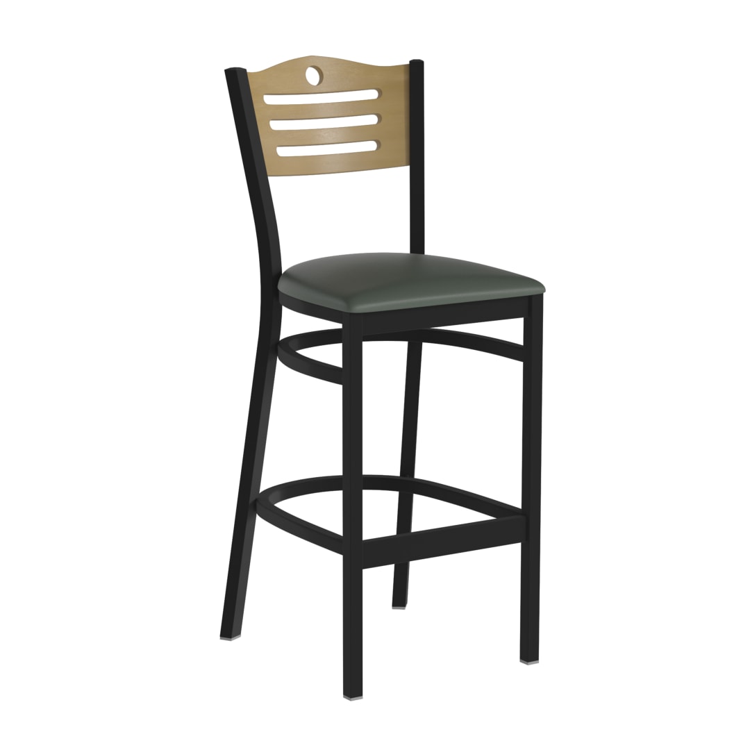 HERCULES Black Slat Back Metal Restaurant Barstool - Natural Wood Back, Green Vinyl Seat