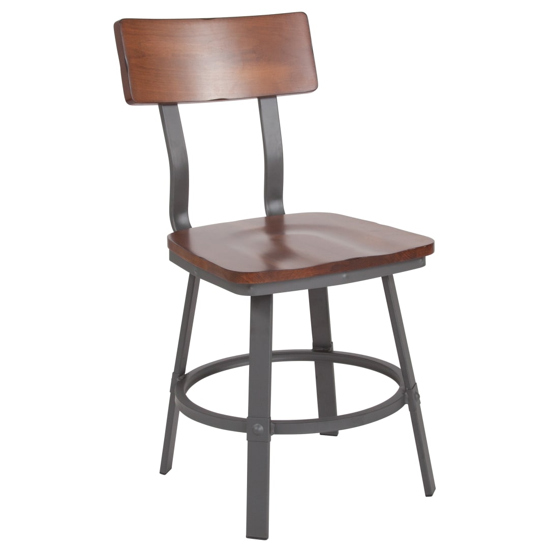 Flint Series Rustic Walnut Restaurant Chair with Wood Seat &amp; Back and Gray Powder Coat Frame