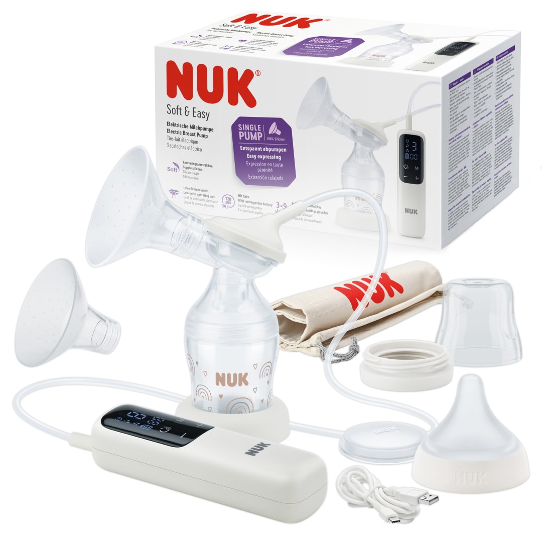 NUK Sacaleches eléctrico Soft & Easy | Copas suaves 100 % de silicona | Pequeño, ligero y silencioso | Batería recargable para viajar | Copas de 24 y 27 mm | 1 biberón Perfect Match