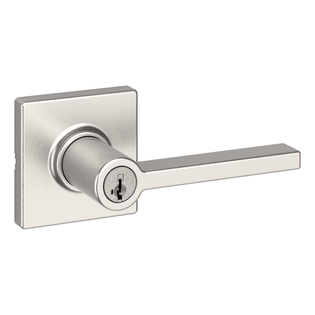 Casey Square Keyed Entry Lever featuring SmartKey Security™ in Satin Nickel