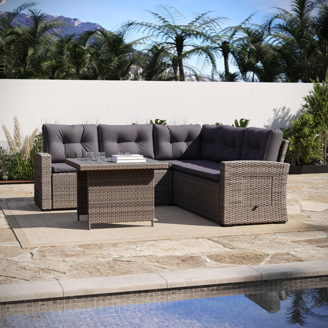 Huck Indoor/Outdoor Wicker Rattan Conversation Set, L-Shaped Sofa with Dining Table, Weather Resistant Cushions, Gray