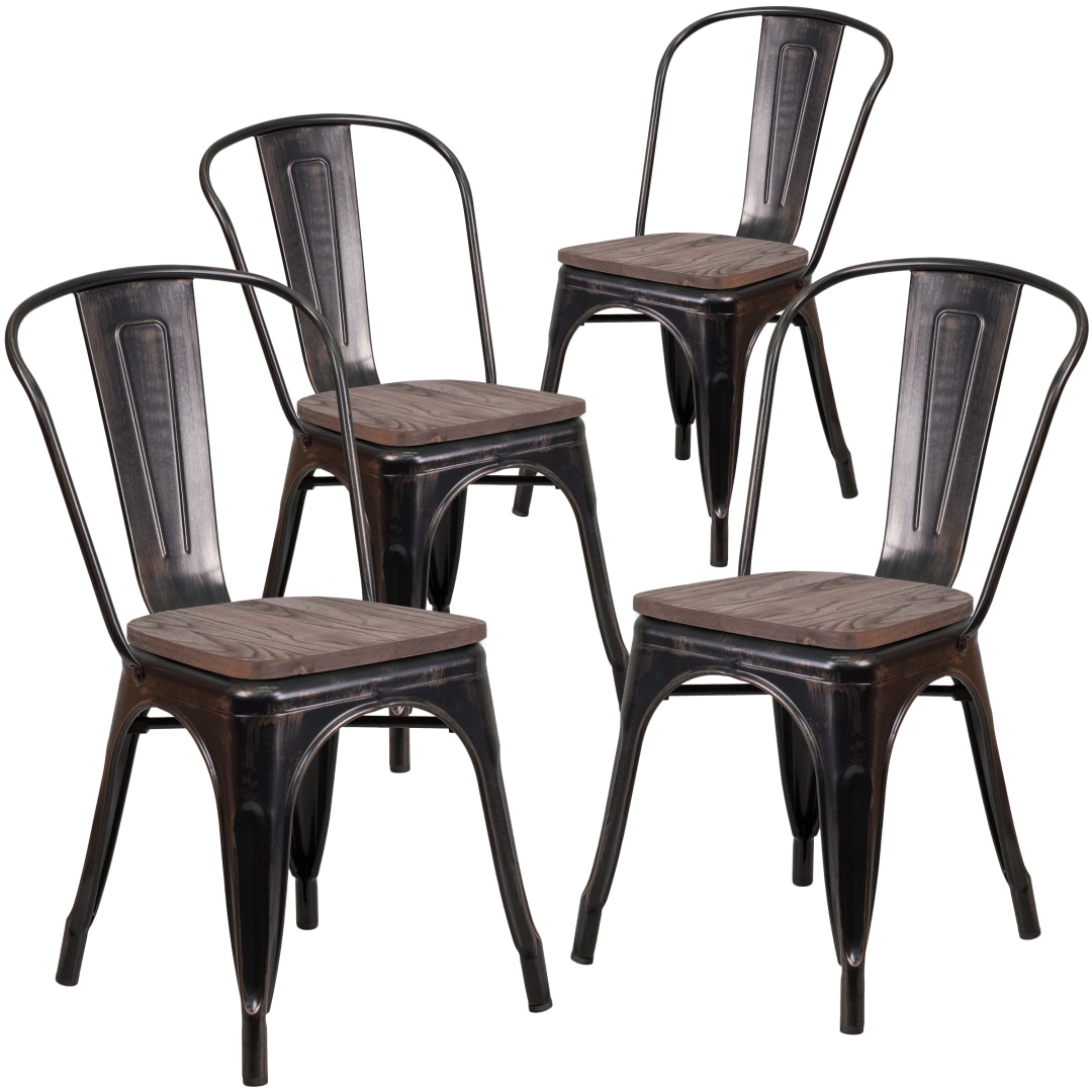 Luke 4 Pack Black-Antique Gold Metal Stackable Chair with Wood Seat