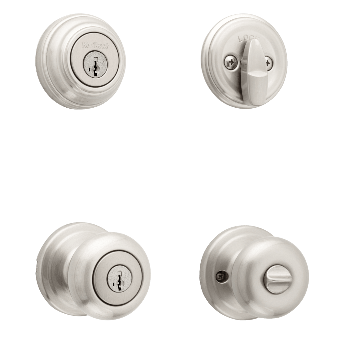 991 Juno Keyed Entry Knob and Single Cylinder Deadbolt Combo Pack featuring SmartKey Security™ in Satin Nickel