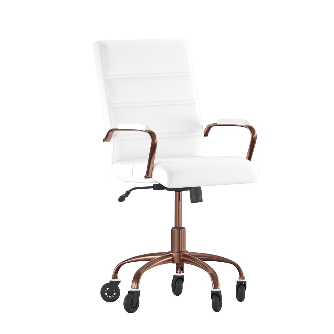 Camilia Mid-Back White LeatherSoft Executive Swivel Office Chair with Rose Gold Frame, Arms, and Transparent Roller Wheels