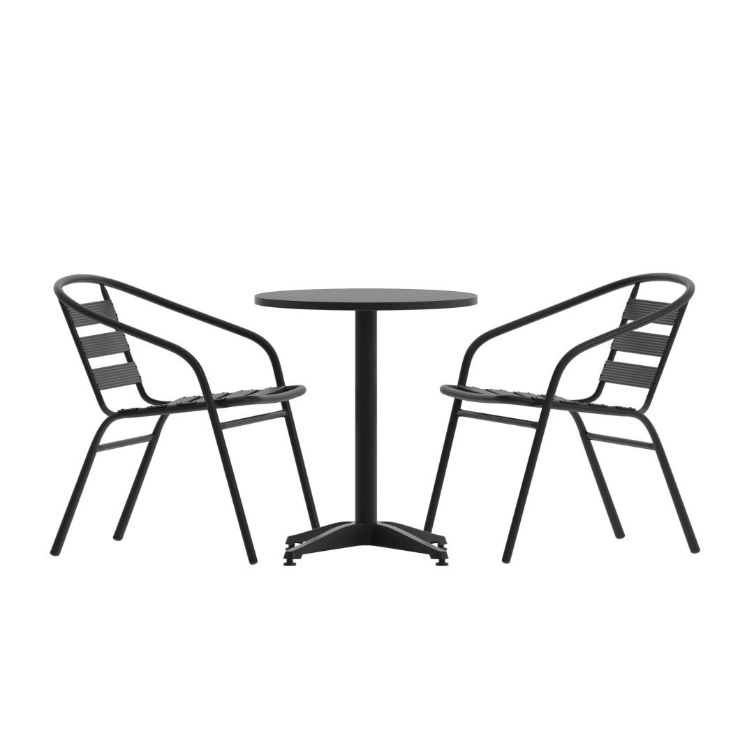 Lila 23.5'' Black Round Aluminum Indoor-Outdoor Table Set with 2 Black Slat Back Chairs