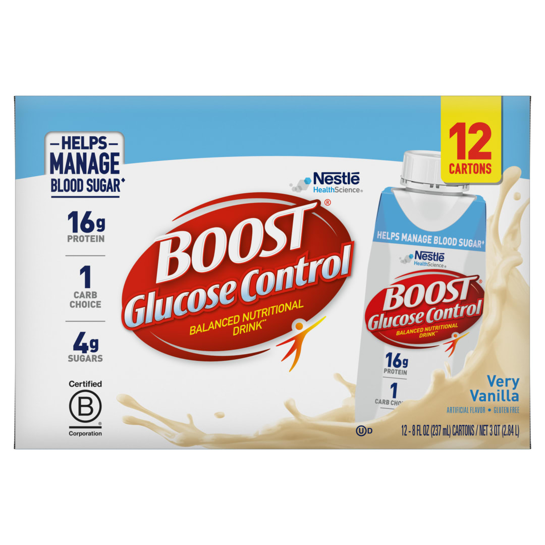 BOOST Glucose Control Nutritional Drink, Very Vanilla, 16g Protein, 12 - 8 fl oz Cartons