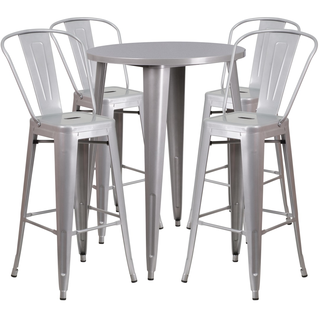 Callum Commercial Grade 30" Round Silver Metal Indoor-Outdoor Bar Table Set with 4 Cafe Stools