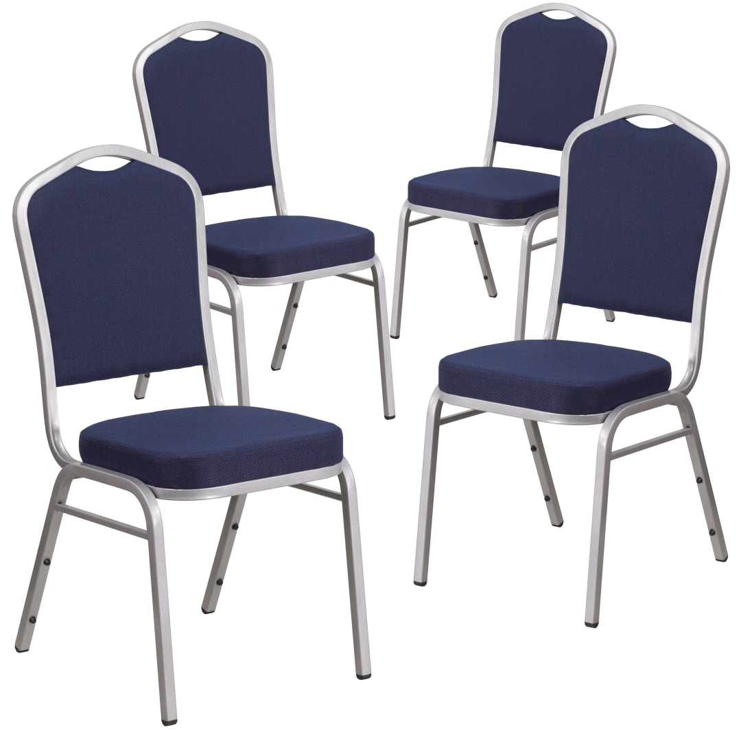 4 Pack HERCULES Series Crown Back Stacking Banquet Chair in Navy Fabric - Silver Frame