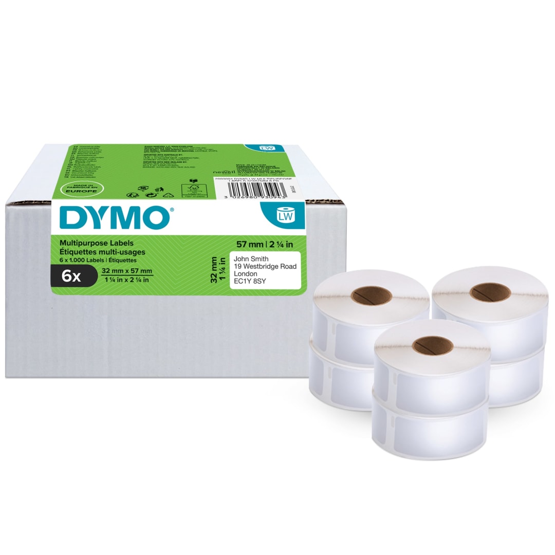 DYMO® Authentic LabelWriter™ Multi-Purpose Labels, 32mm x 57mm, 6 Rolls of 1,000 Easy-Peel Labels (6,000 Count), Self-Adhesive, for LabelWriter™ Label Makers