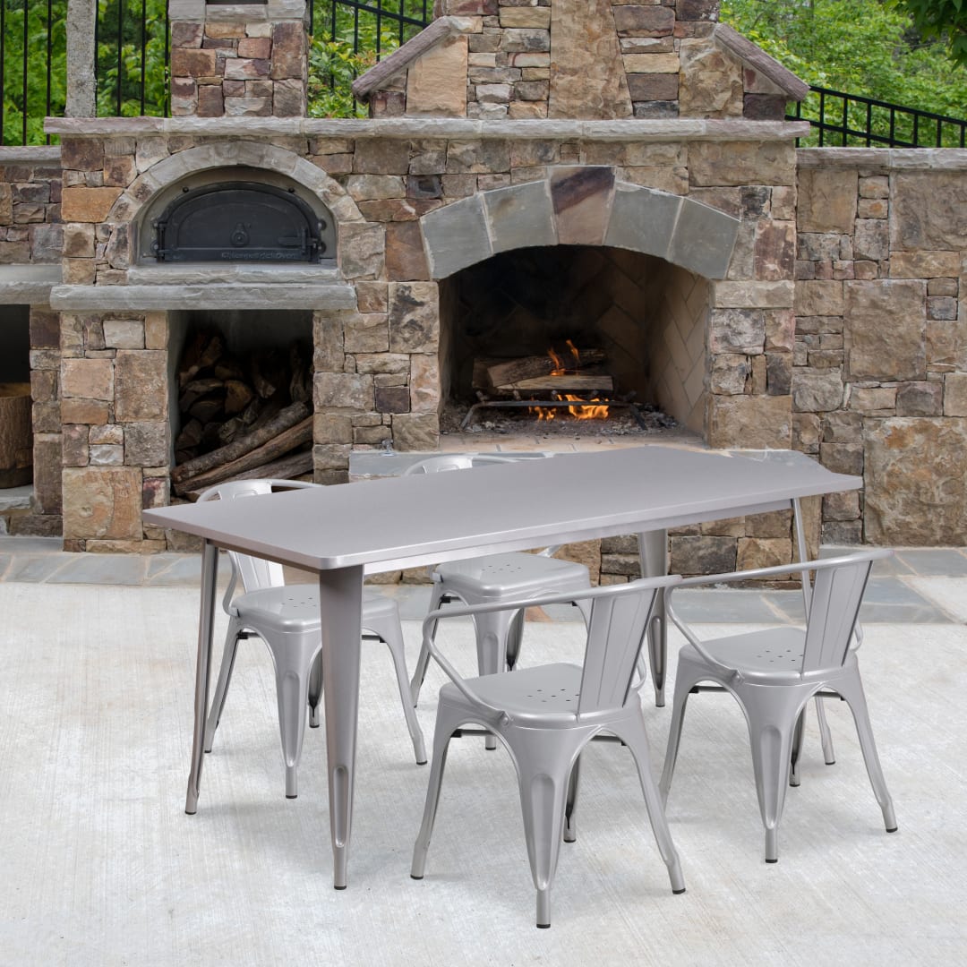 Fisher Commercial Grade 31.5" x 63" Rectangular Silver Metal Indoor-Outdoor Table Set with 4 Arm Chairs