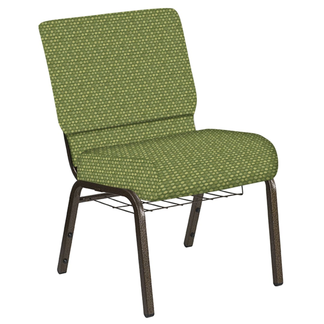 21''W Church Chair in Optik Olive Fabric with Book Rack - Gold Vein Frame