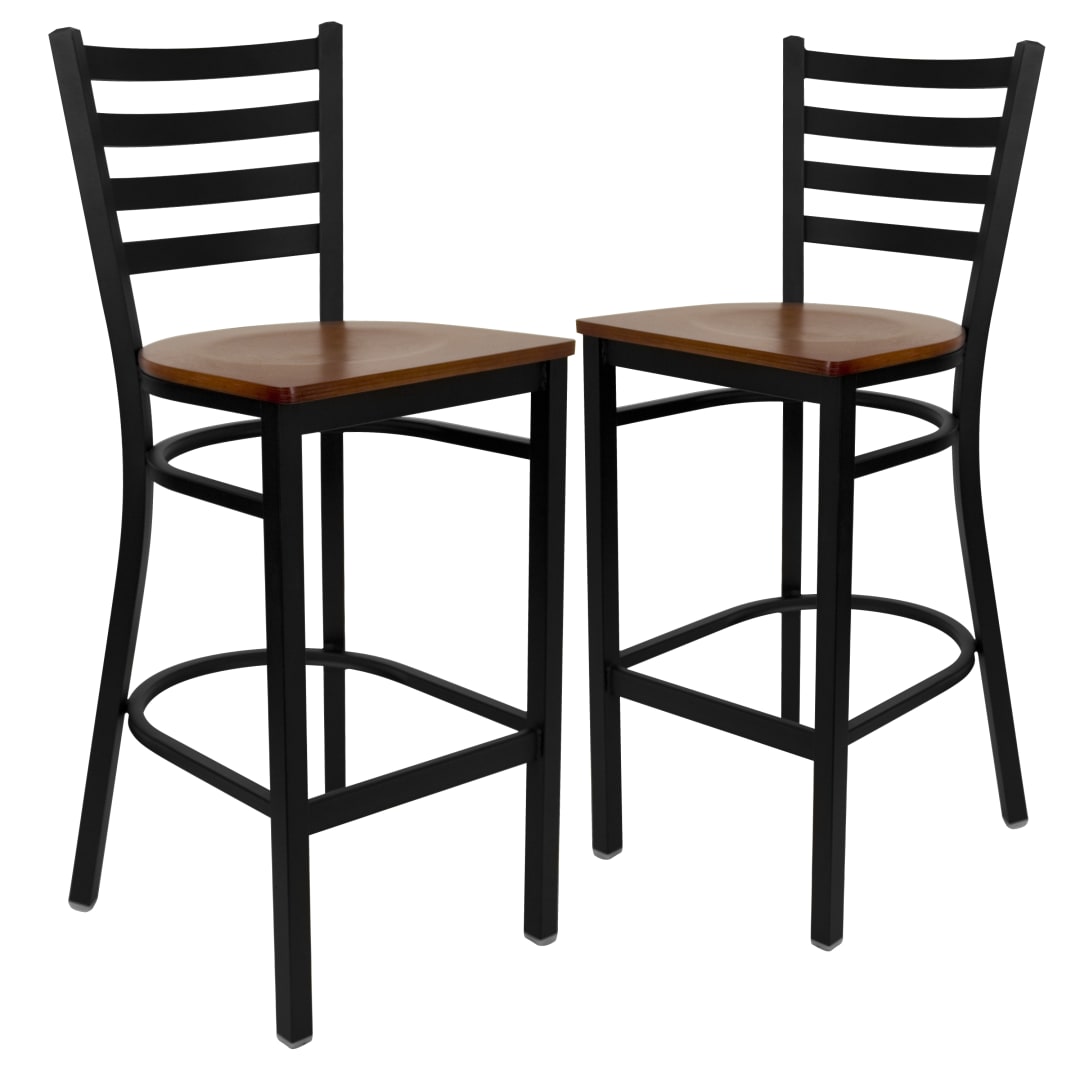 2 Pack HERCULES Series Black Ladder Back Metal Restaurant Barstool - Cherry Wood Seat