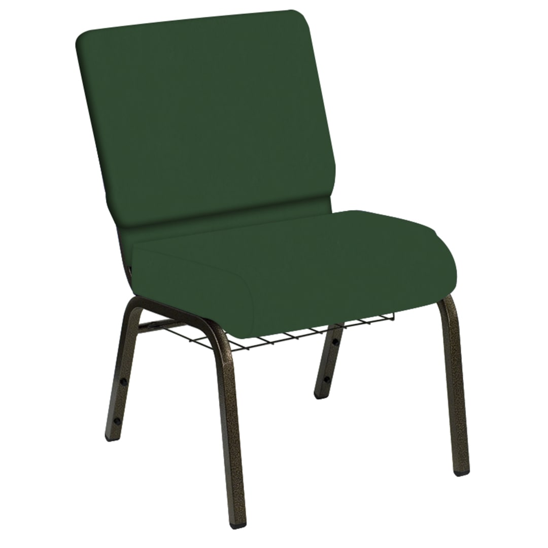 Embroidered HERCULES Series 21''W Church Chair in E-Z Wallaby Forest Vinyl with Book Rack - Gold Vein Frame