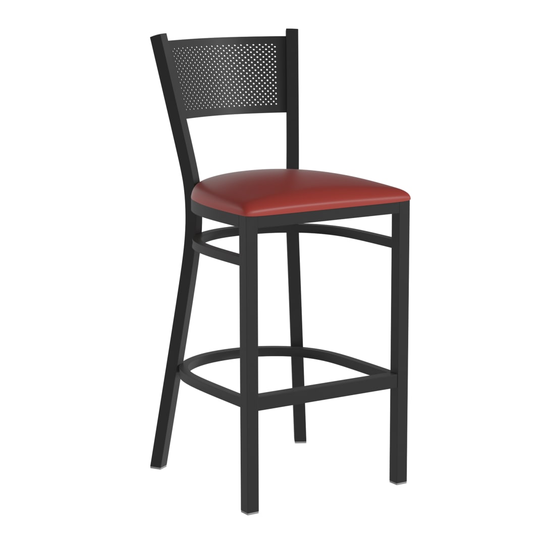 HERCULES Black Grid Back Metal Restaurant Barstool - Red Vinyl Seat