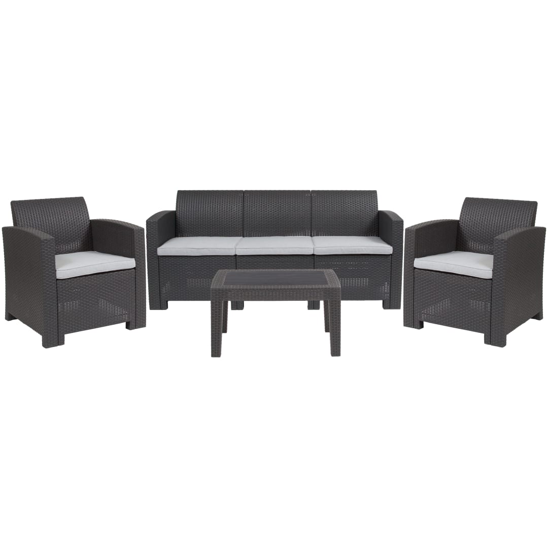 Seneca 4 Piece Outdoor Faux Rattan Chair, Sofa and Table Set in Seneca Dark Gray