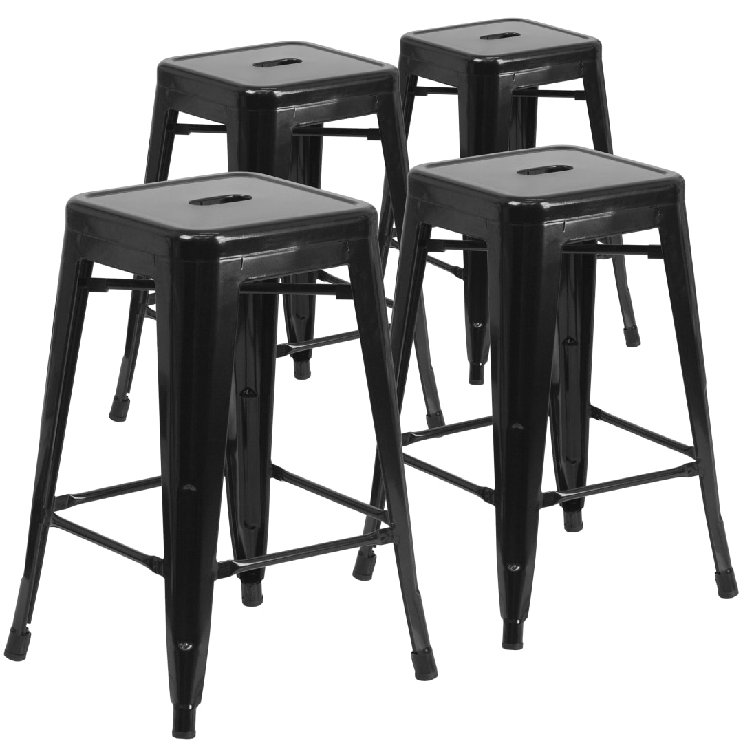 Lily 4 Pack Commercial Grade 24" High Backless Black Metal Indoor-Outdoor Counter Height Stool with Square Seat