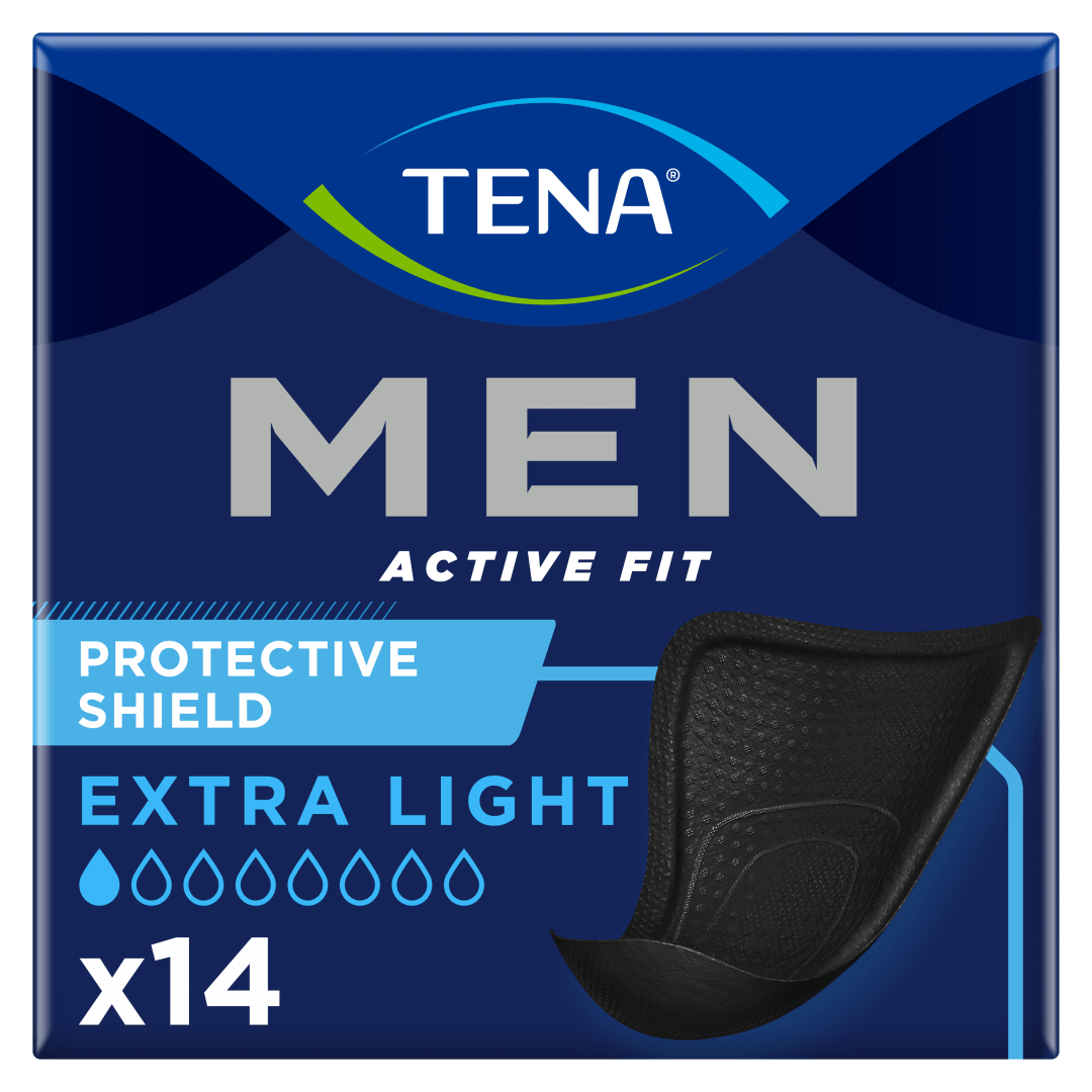 TENA MEN Active Fit Absorbent Protector Level 0 – Ultra Thin Incontinence Pads for Men, Light Drips, 3mm Thin, Triple Protection Against Leaks, Odour &amp; Moisture, Comfortable &amp; Discreet Fit, Pack of 14