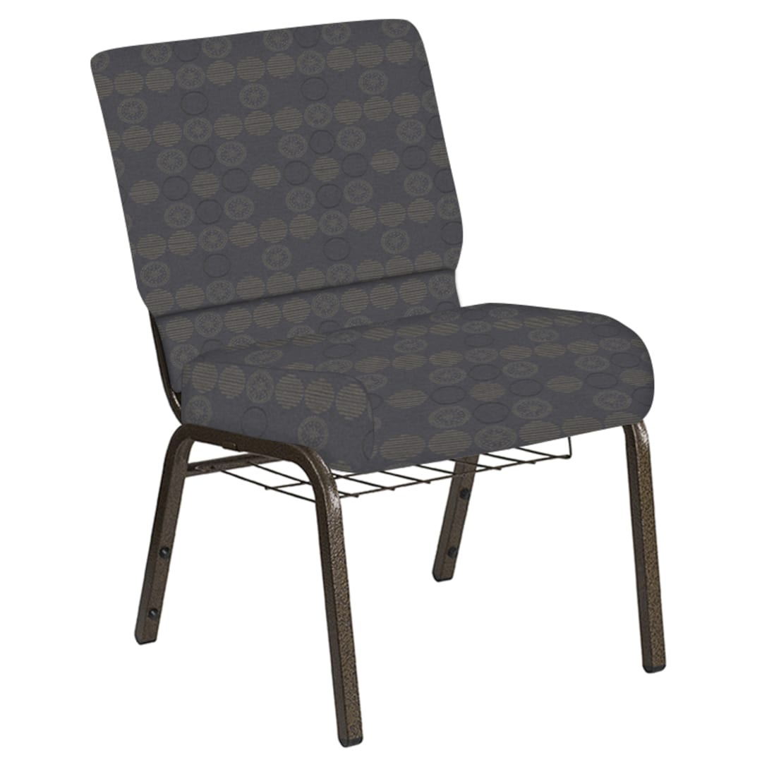 Embroidered 21''W Church Chair in Galaxy Steel Fabric with Book Rack - Gold Vein Frame