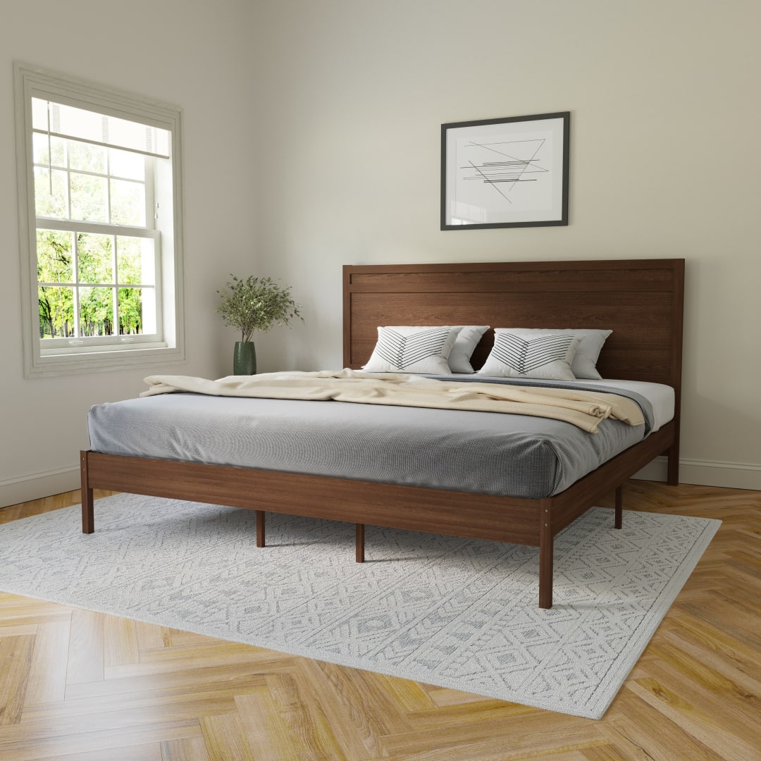 Kingston King Size Solid Wood Platform Bed with Wooden Slats and Headboard, No Box Spring Needed, Brown